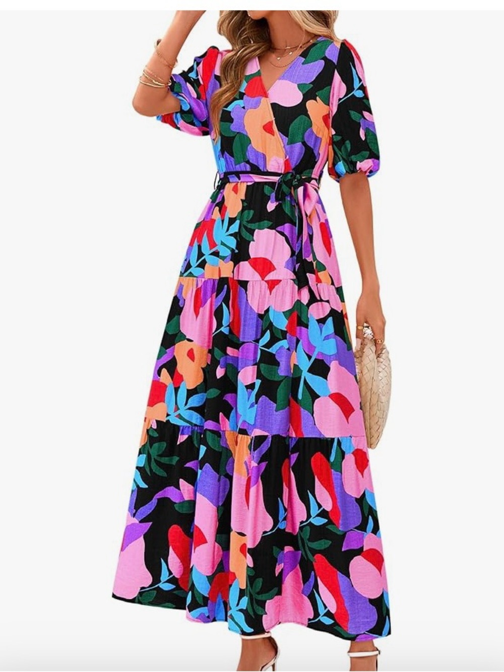 NWOT PRETTYGARDEN Maxi Dress Sz M Vibrant Floral, Puffy Sleeves ,Elastic Waist